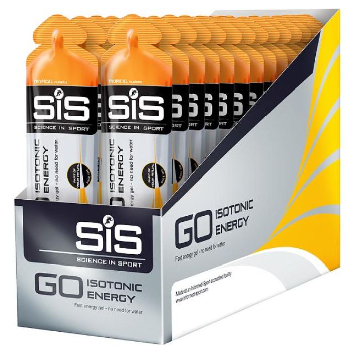 GO Isotonic energiageeli Tropical laatikko Helppokayttoinen, ei tarvitse vetta lisaksi. 22g nopeasti imeytyvaa