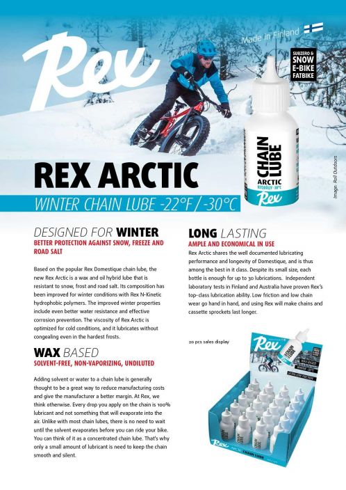 Rex Arctic talvi ketjuoljy Suosittuun Rex Domestique-ketjuöljyyn perustuva uusi Rex Arctic on lunta, pakkasta ja tiesuolaa